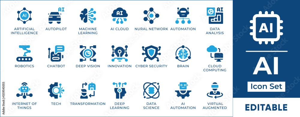 Aufkleber Artificial intelligence icon set featuring AI, automation, machine learning, neural networks, robotics, data science, cloud computing, deep learning, chatbots, and futuristic technology.