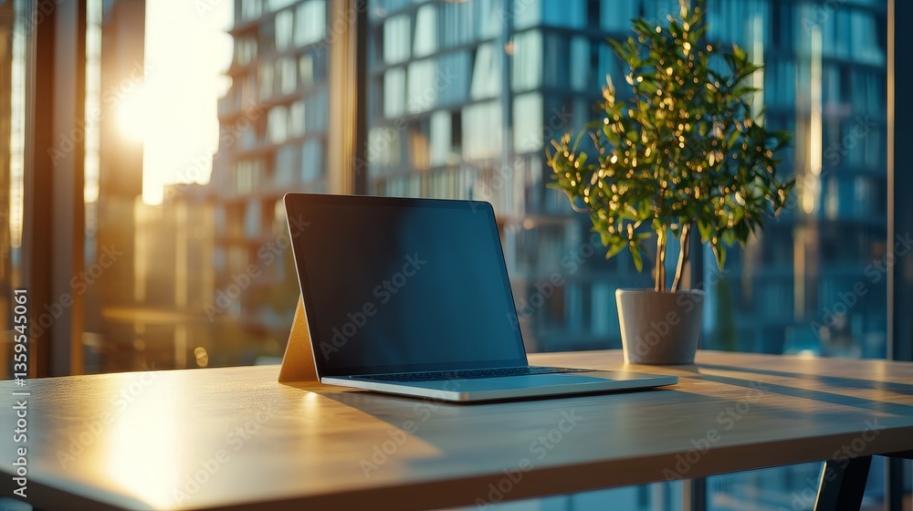 Poster career development and professional networking concept. modern workspace with a laptop and a plant b