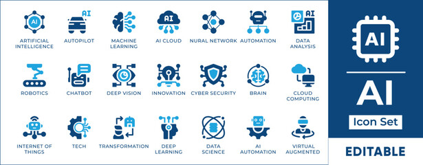 Artificial intelligence icon set featuring AI, automation, machine learning, neural networks, robotics, data science, cloud computing, deep learning, chatbots, and futuristic technology.