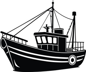 fishing boat black and white silhouette vector design