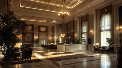 Grand hotel lobby interior with a tall ceiling, dramatic lighting, a central reception desk, and elegant furniture placed strategically for both style and comfort. 