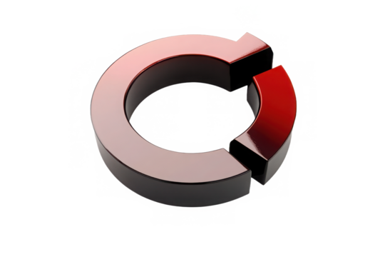 A circular arrow pointing backwards with a red accent on a black background glossy and reflective