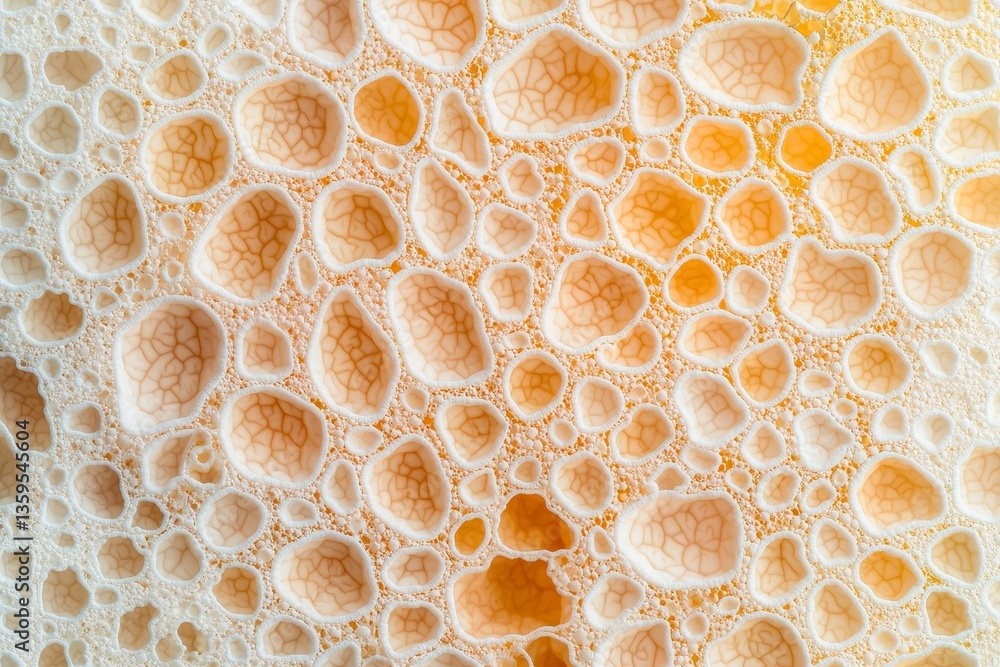 Poster a close-up view of a textured surface showing intricate patterns and structures in light tones, rese