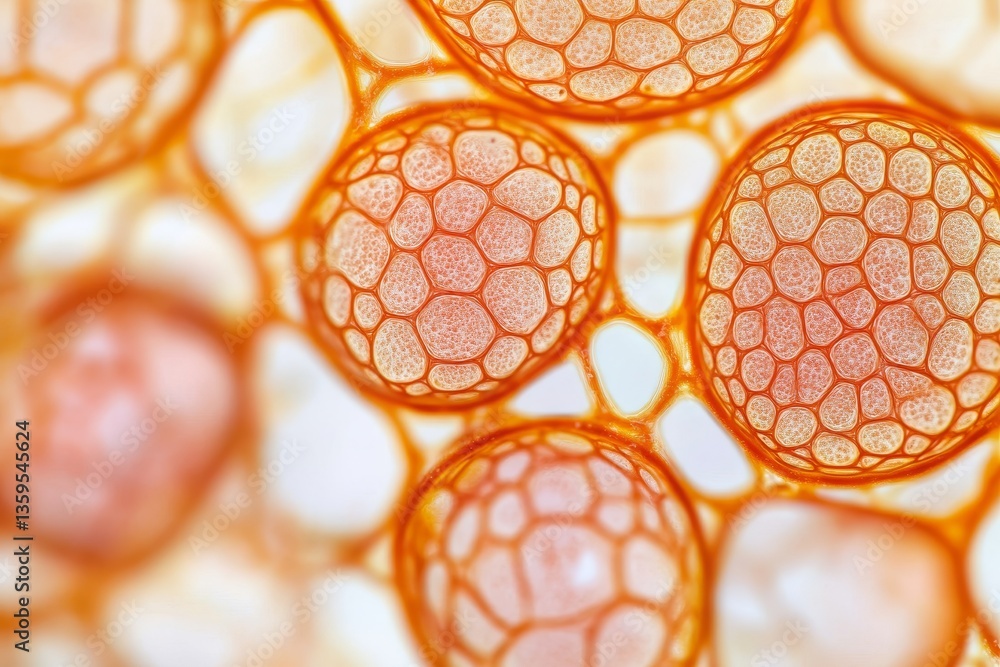 Poster a close-up, microscopic view of cellular structures, showcasing intricate patterns and textures in s