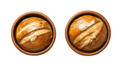 two round golden-brown bread loaves in brown ceramic bowls showcasing their crusty texture and slashes on top suggesting they are freshly baked