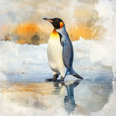 Fototapeta premium Majestic King Penguin on Antarctic Ice, Artistic Watercolor Painting