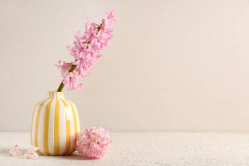 Vase with beautiful pink hyacinth flower on table near beige wall