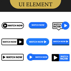 Set of Watch now buttons.Play video buttons in flat style.Watch video.Play now.Web media.Vector.Online translation. Set of vector modern trendy flat buttons for website. UI element.Vector illustration