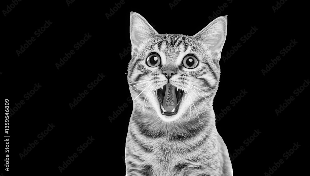 Poster a playful tabby kitten with a wide-open mouth appearing excited or surprised is set against a plain 