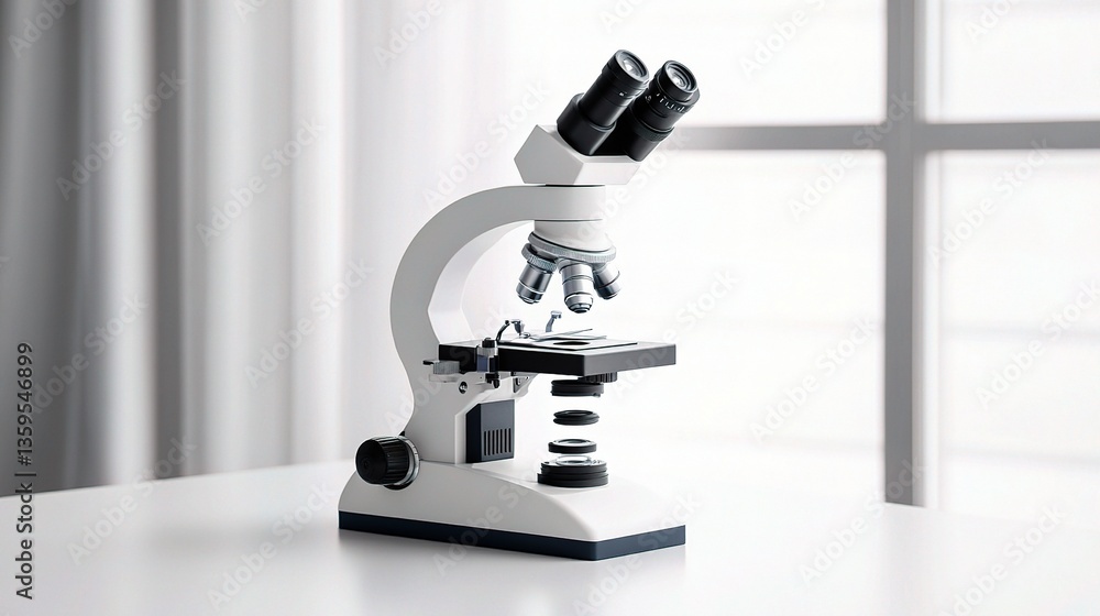 Poster microscope on table with glassware in sterile laboratory setting