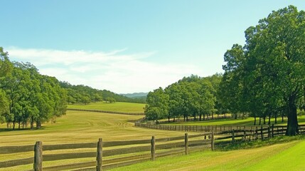 A peaceful countryside with rolling hills and a wooden fence disappearing into the horizon.