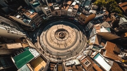 Fototapeta premium An aerial view of a busy roundabout in the middle of a sprawling city.