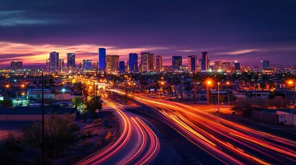 Fototapeta premium High-rise cityscape alive with vibrant lights, electricity energizing homes and businesses, streetlights glowing warmly, panoramic wide-angle shot, moody tones. 