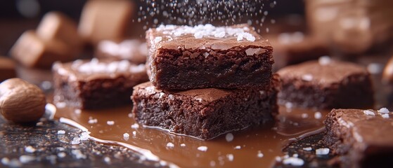 Delicious Brownies with Salt and Chocolate Sauce Drizzled on Top