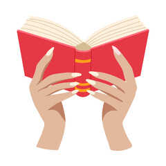 A hand holding a red book with a white trim. The book is open to a page with a white background