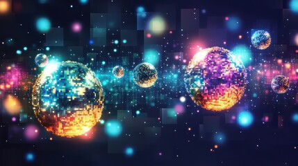 Obraz premium Glowing Spheres Emerging from a Pixelated Square abstract background