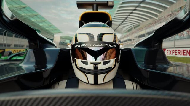 Close-up of a formula one race car driver in pole position wearing a protective helmet with experience slogan written on it. 3d animation rendering. New 2025 black and gold race car design