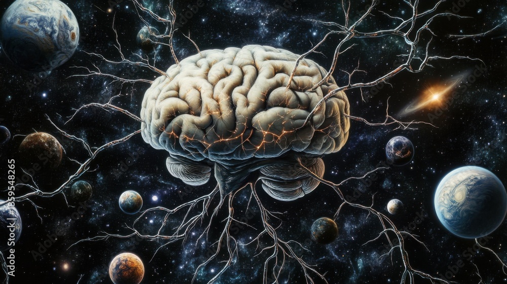 Poster complex neural network interacting with planets and galaxy, symbolizing artificial intelligence expa