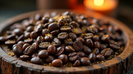 Rustic wooden bowl filled with aromatic coffee beans in candlelight ambiance