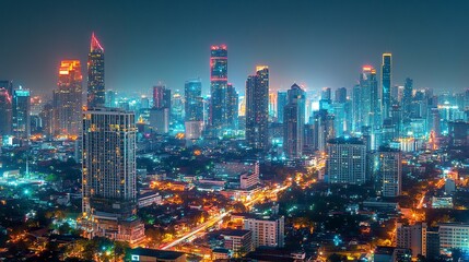 Fototapeta premium Illuminated city skyline stretching across the frame, glowing skyscrapers and neon-lit streets, motion blur of traffic below, dark sky framing the vibrant scene. 