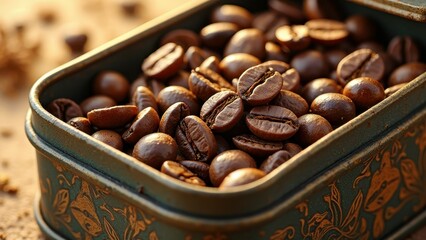 Golden hour coffee beans in vintage tin on rustic surface