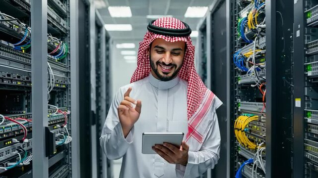 Arab Man Using Tablet in Data Center Server Room, IT Professional Managing Technology