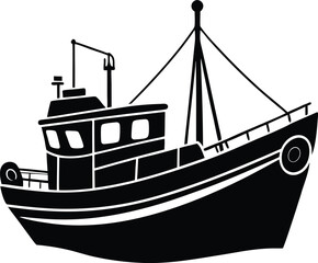 fishing boat black and white silhouette vector design