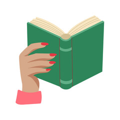 A hand holding a book with a green cover. The book is open to a page with a red nail polish design