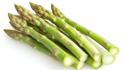 A bunch of fresh green asparagus spears with firm, smooth stalks and tips, isolated on a white background.