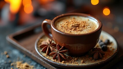 Warm spiced coffee with cinnamon and star anise in cozy setting
