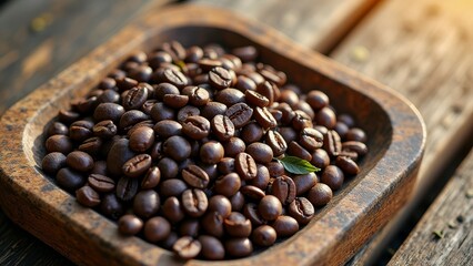 Fototapeta premium Wooden bowl filled with freshly roasted coffee beans outdoors