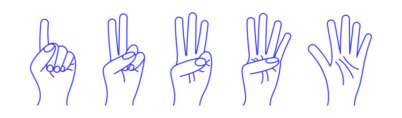 Counting with fingers. Numbers: one, two, three, four and five. Hand gesture doodle icon. Contour vector illustration