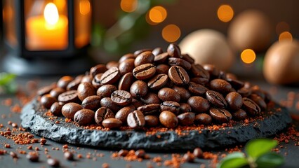 Obraz premium Freshly roasted coffee beans on rustic stone plate with warm candlelight ambiance