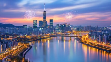 Naklejka premium Seoul skyline at twilight with firework celebration over the Han River