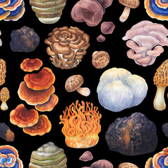 Watercolor seamless pattern of a various medicinal mushrooms