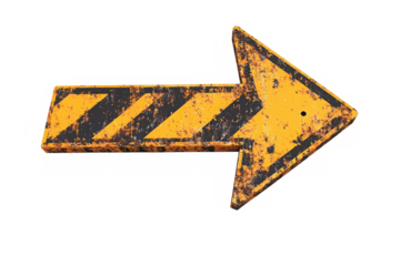 A weathered arrow sign with yellow and black stripes indicating direction on a black background