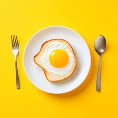 Fried egg on a plate with spoon and fork on yellow backgroundю Top view. flat lay, selective focus.