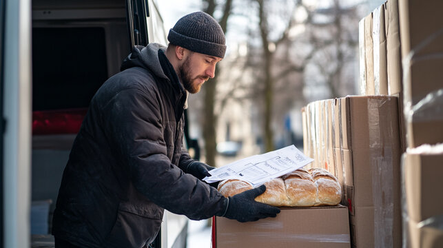 Man in winter clothes checking delivery list next to boxes and bread loaves in a delivery van