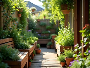 Fototapeta premium A sunny mini garden with wooden pots, benches, and a variety of herbs