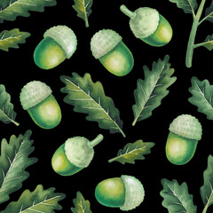 Seamless pattern of Watercolor Oak leaves and acorns isolated on a black background