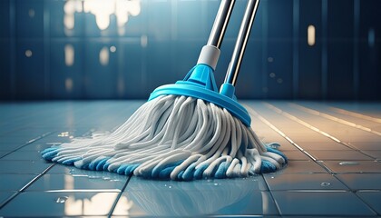 a white and blue mop is on a tile floor the mop is wet and has a blue handle