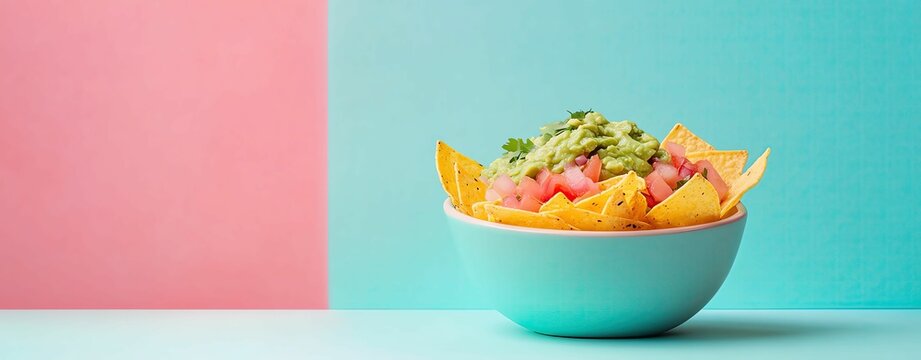 Cinco de Mayo Celebration Colorful nachos with guacamole and salsa dip.