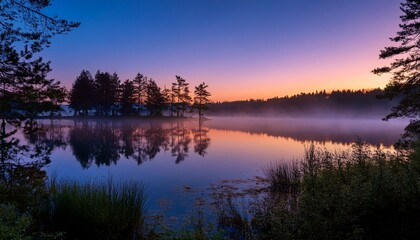 Fototapeta premium colorful mist envelops a serene lake surrounded by trees at twilight