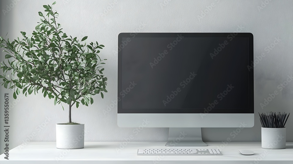 Poster computer on desk in modern office setting showcasing workspace design and productivity for remote wo