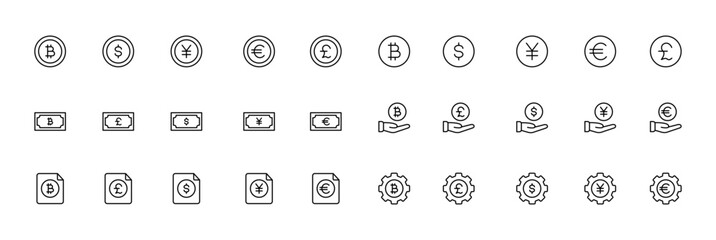 Cryptocurrency and currency symbols with hand and gear icons in minimalist design