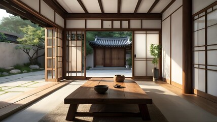 Fototapeta premium A modernized Korean hanok-style home with traditional wooden beams, sliding doors, and a serene courtyard. The space blends classic Korean architecture with contemporary minimalism.
