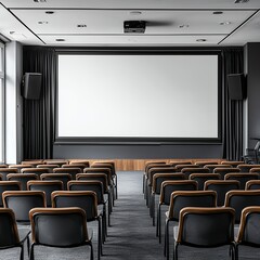 Empty modern conference room with large screen, ready for presentation. Ideal for business, meetings, or events