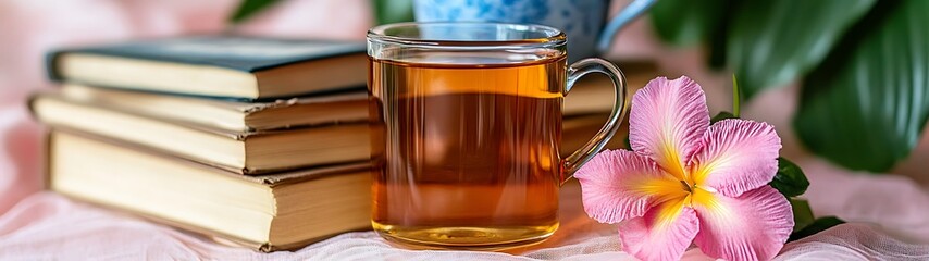 A glass of tea beside stacked books and a flower