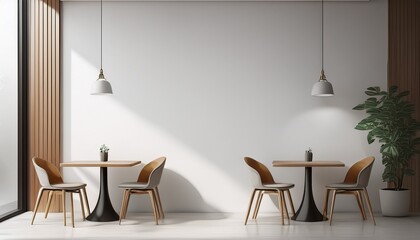 minimalist cafe interior with empty white wall and modern furniture for template or mockup usage 3d rendering