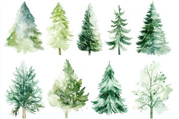collection of chirstmas trees in watercolor style isolated on white background